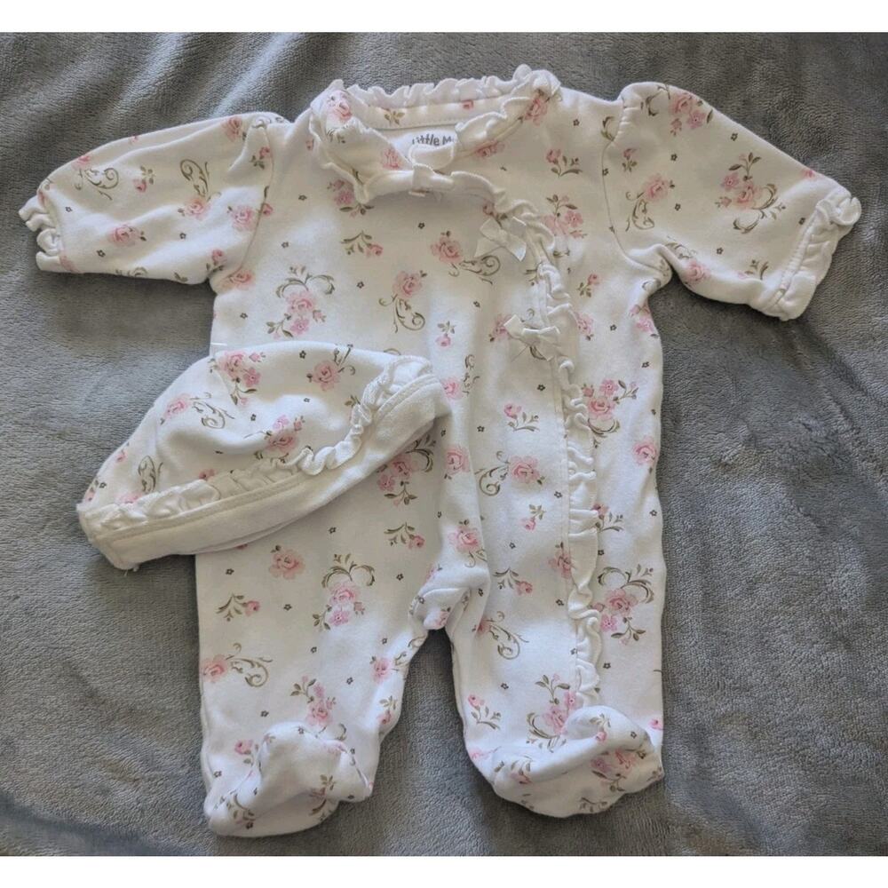 Baby Girl Clothes Little Me Preemie Pink Rose 2pc Footed Outfit & Hat